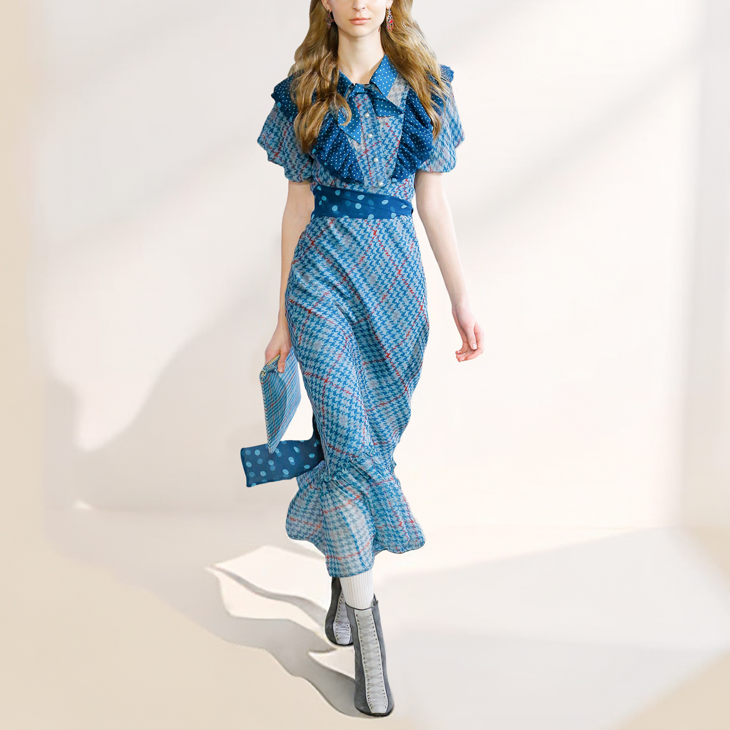 设计感|高级感|复古蓝格子连衣裙