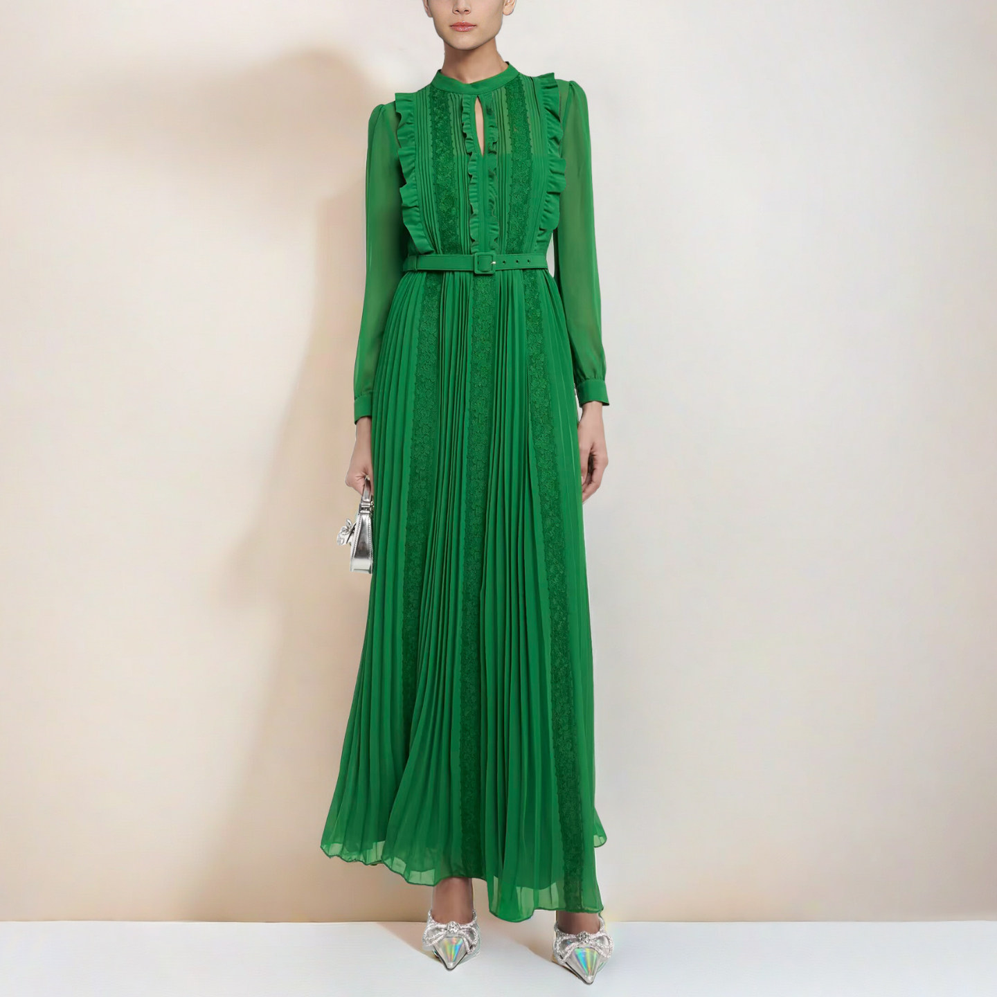 轻奢小众绿色连衣裙女蕾丝拼接长款百褶礼服裙长袖气质裙子高级感,女装/女士精品,连衣裙,淘宝优惠券,粉丝福利购,淘宝优惠卷