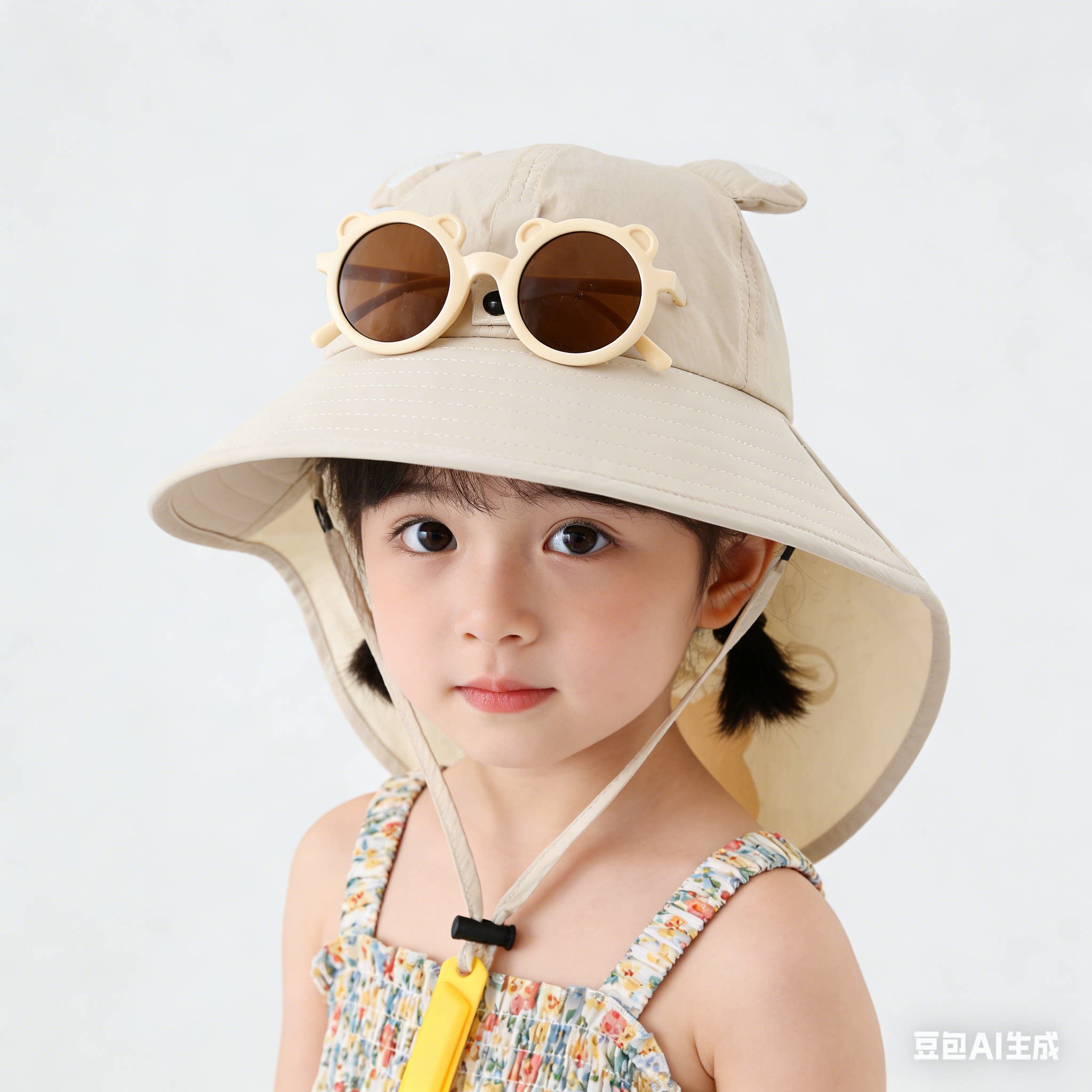 儿童防晒帽夏季薄款女童渔夫帽带眼镜宝宝遮阳太阳帽户外