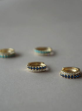 小众高级感双层钻圆形耳扣 S925纯银绿松石排钻耳扣 法式蓝钻耳圈