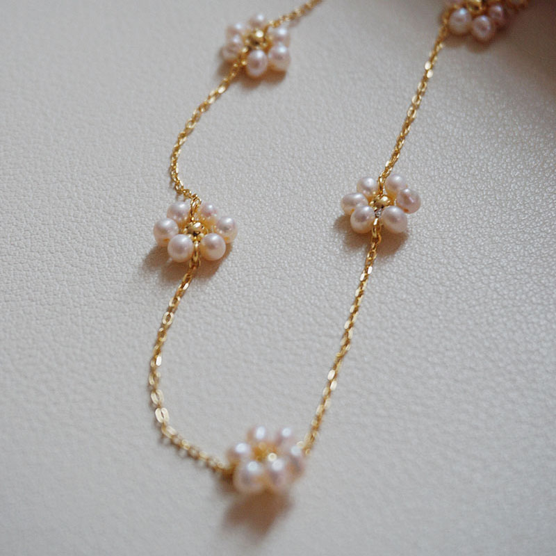 925纯银间隔花朵珍珠项链choker