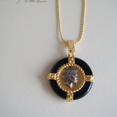 astudio纯银黑玛瑙人像古币项链
