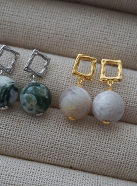 小众原创清冷感苔藓石方形耳环 S925纯银几何地图石圆球耳钉银饰