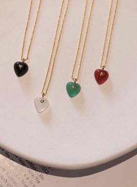 韩国潮牌多巴胺爱心项链 S925纯银绿色项链 小众黑玛瑙心形锁骨链