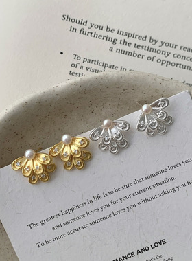 法式轻奢羽毛珍珠耳环 S925纯银小众设计花瓣蝴蝶结耳钉 约会耳饰