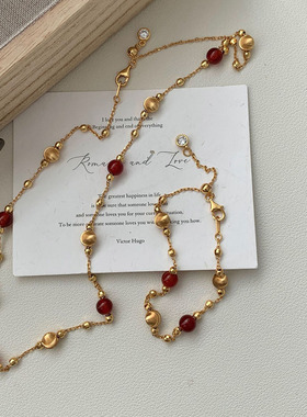 纯银拉丝猫眼金珠红玛瑙串珠项链