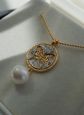 astudio纯银蝴蝶圆牌珍珠项链女