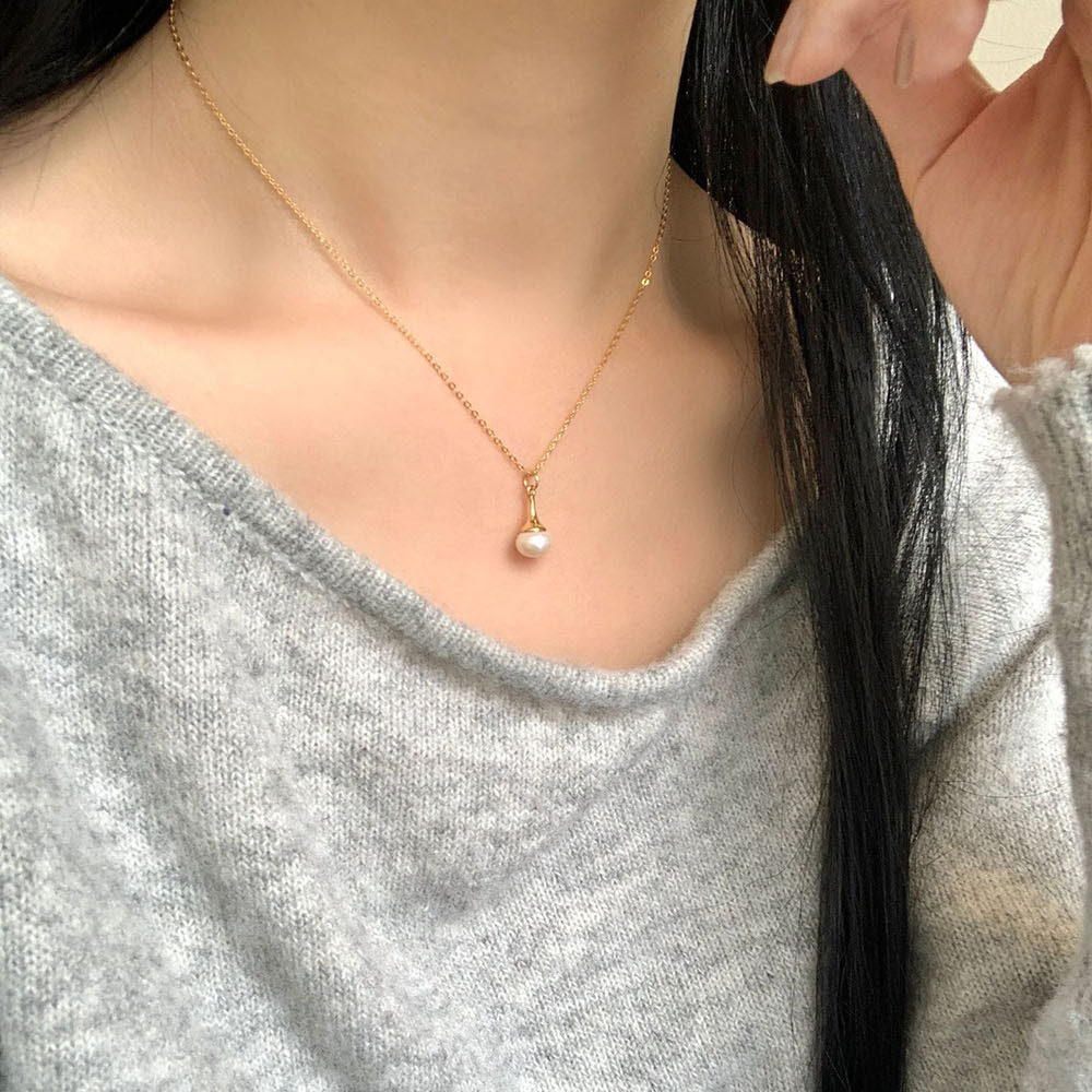 小众简约百搭天然珍珠项链 S925纯银小铃铛小灯泡珍珠锁骨链银饰