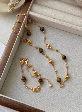 复古纯银拉丝圆球虎眼石毛衣链女