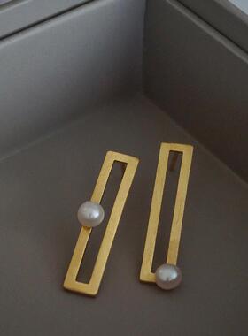 小众原创复古几何长方形珍珠耳钉 925纯银镂空方形耳环简约银饰女