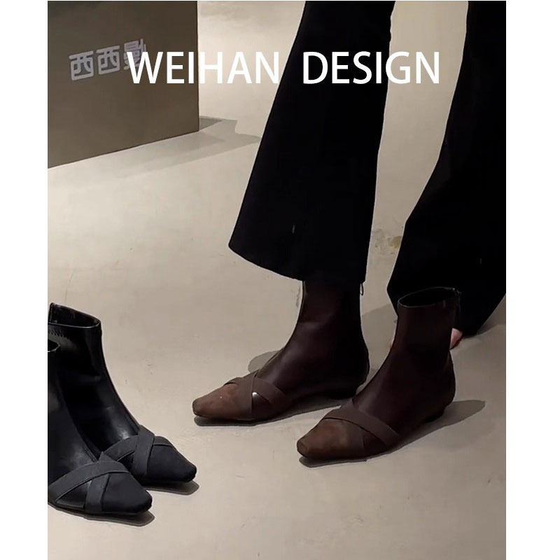 羊皮版！复古棕色小众低跟短靴女尖头交叉带设计感显瘦弹力瘦瘦靴,女鞋,时装靴,淘宝优惠券,粉丝福利购,淘宝优惠卷