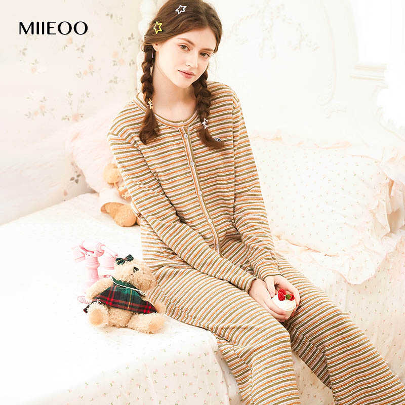 秘语家居服女春秋款宽松针织条纹长袖长裤少女生休闲可外穿睡衣女