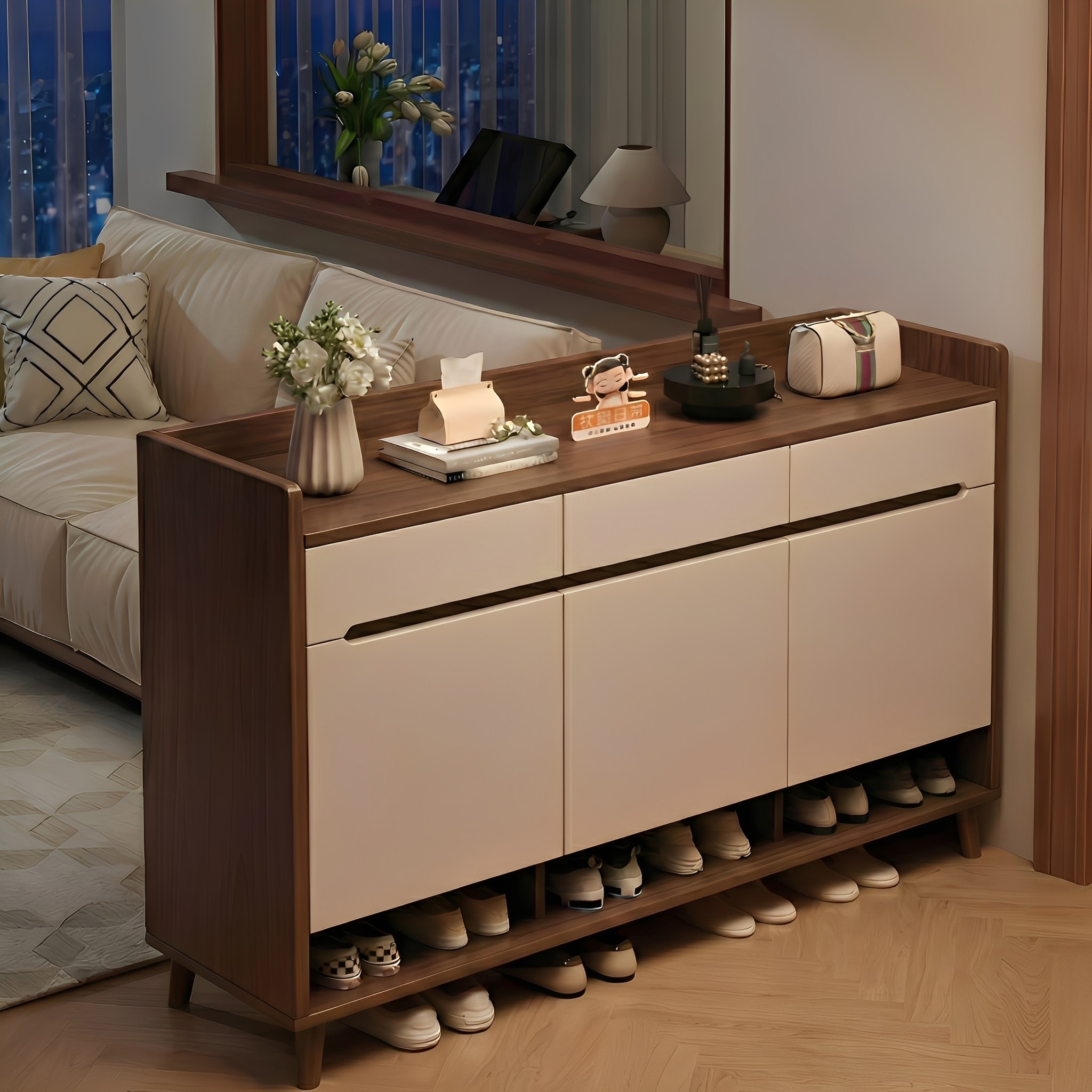 鞋柜家用门口纯实木芯靠墙一体玄关柜进门入户大容量中古风收纳柜,住宅家具,鞋柜,淘宝优惠券,粉丝福利购,淘宝优惠卷