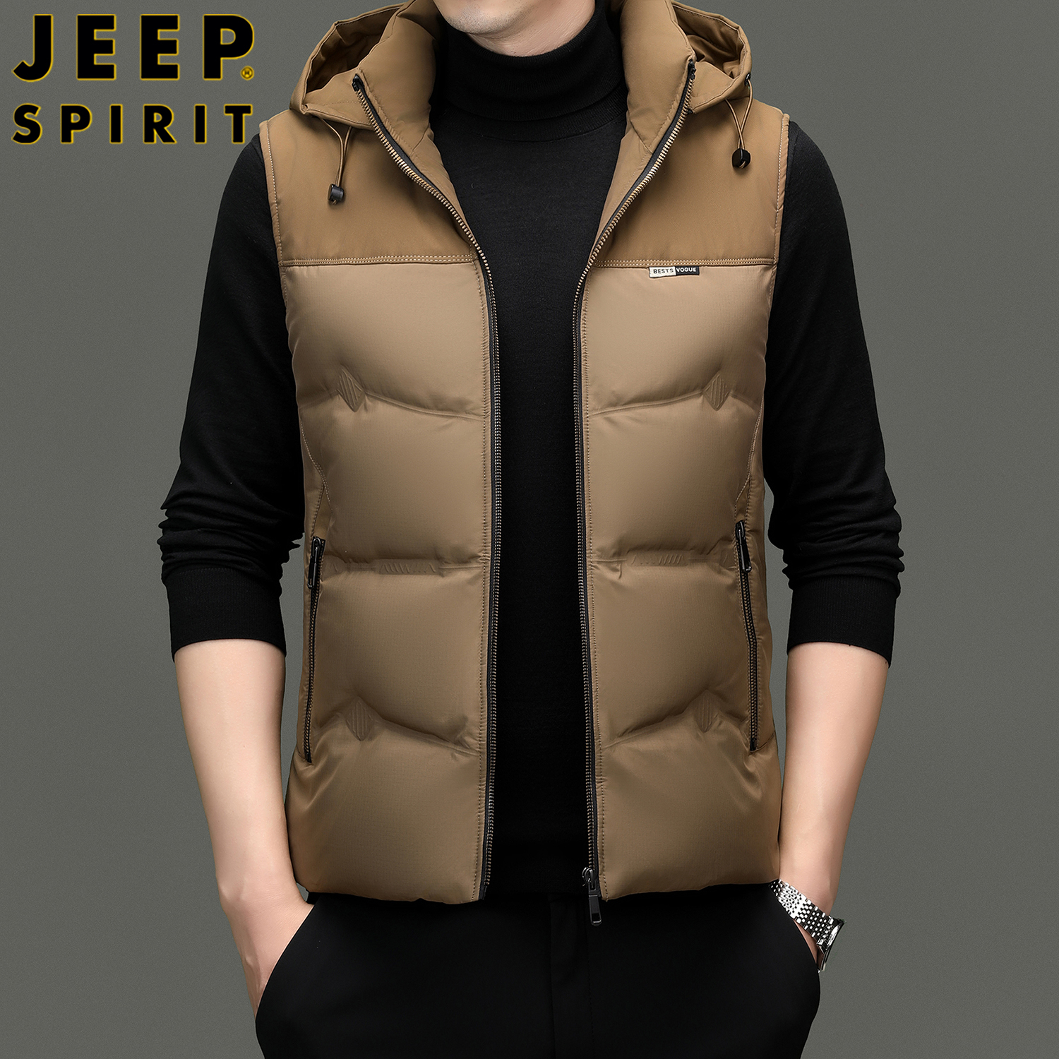 jeepspirit休闲加厚马甲连帽可脱