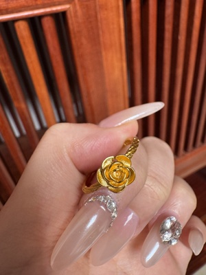 古法沙金拉丝微镶锆石牡丹花戒指女仿真黄金新中式国风精致食指戒