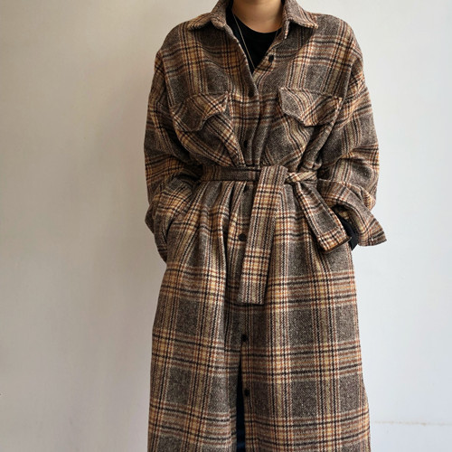 Korean retro Plaid single breasted shirt dress loose wool coat