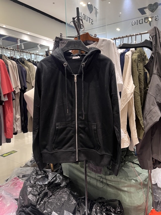 Black Women's Pure Cotton Terry Fabric Plain Sports Casual Hooded Zip-Up Cardigan Versatile Outerwear Jacket