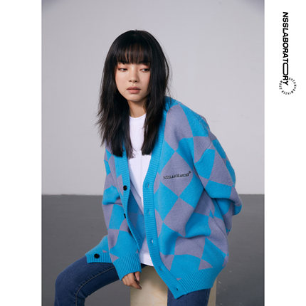 【NSSLAB】原创潮流菱形格针织外套宽松休闲长袖秋款针织毛衣开衫