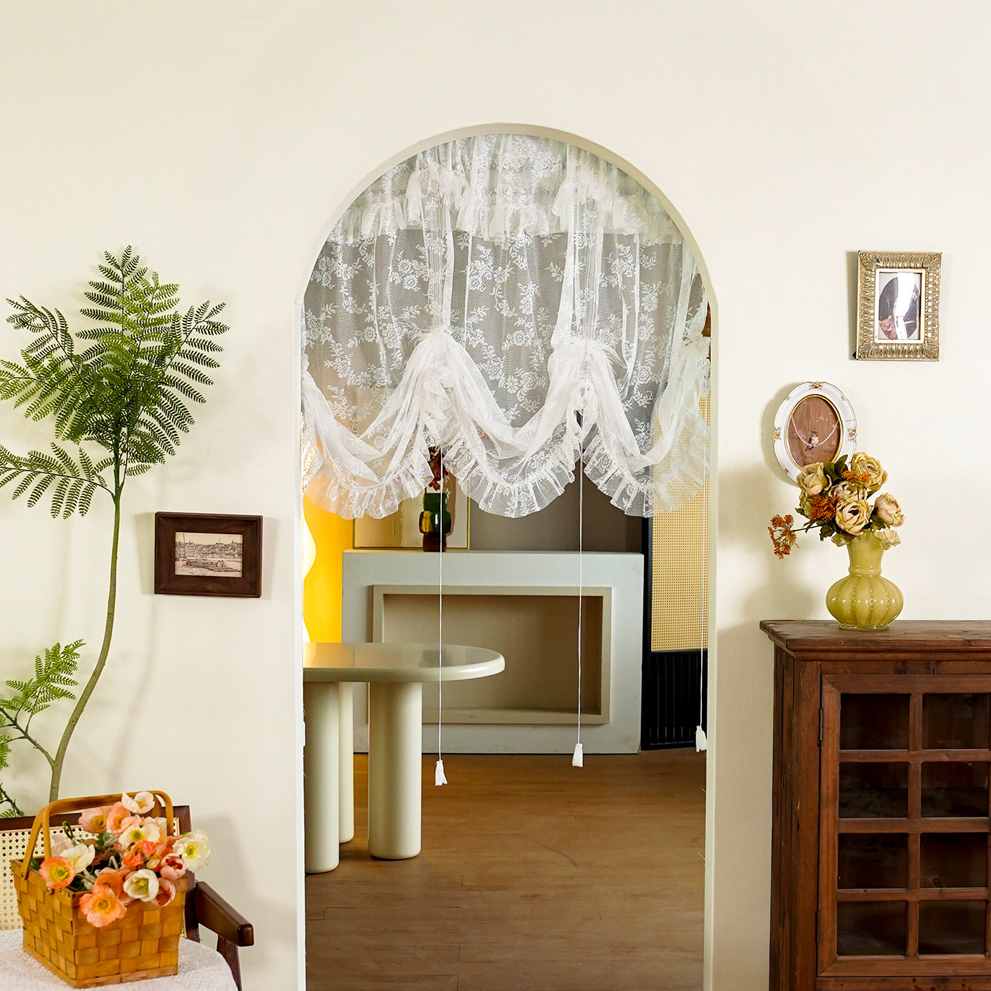 白色法式拱形门帘半帘