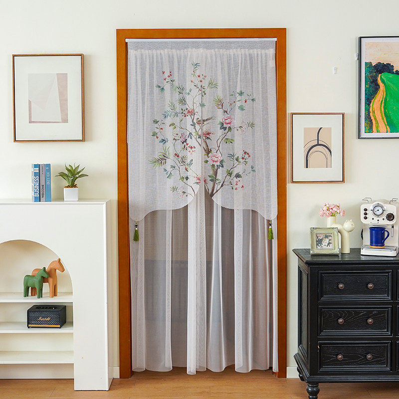 蕾丝门帘四季通用卧室隔断帘免打孔美式轻奢印花装饰纱帘风水帘子,居家布艺,门帘,淘宝优惠券,粉丝福利购,淘宝优惠卷