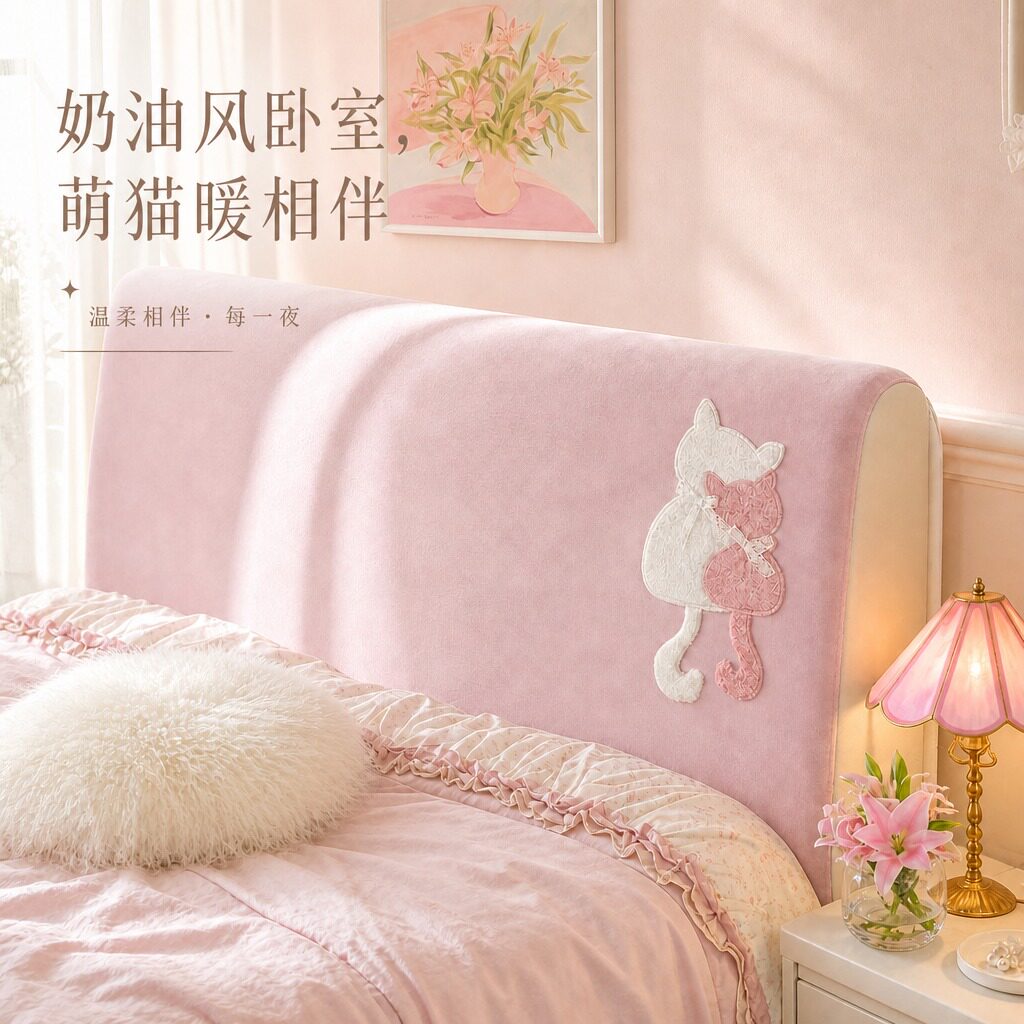 奶油风全包防尘遮丑床头罩图片