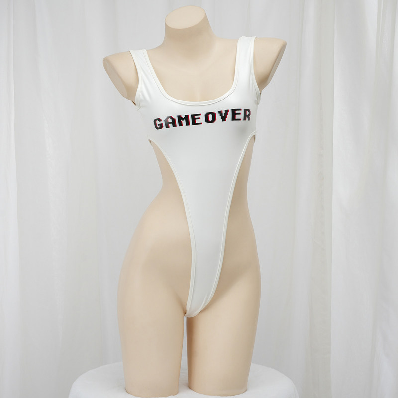 日系二次元情趣高叉连体衣紧身衣漆皮GAMEOVER赛博比基尼露背装