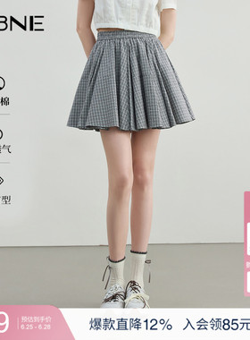 KBNE蓝色短裙女蓬蓬裙格纹半身裙2025夏季新款小个子气质格子半裙