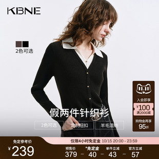 长袖 KBNE黑色毛针织衫 假两件针织毛衫 新款 上衣 女V领显瘦2025秋季