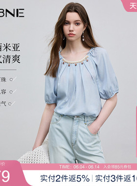 KBNE莱赛尔衬衫女装蓝色短袖上衣2025夏季新款小个子衬衣洋气小衫