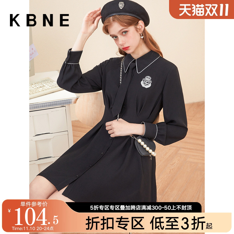 黑色连衣裙女学院风裙子kbne2022春装新款长袖小众设计感衬衫裙