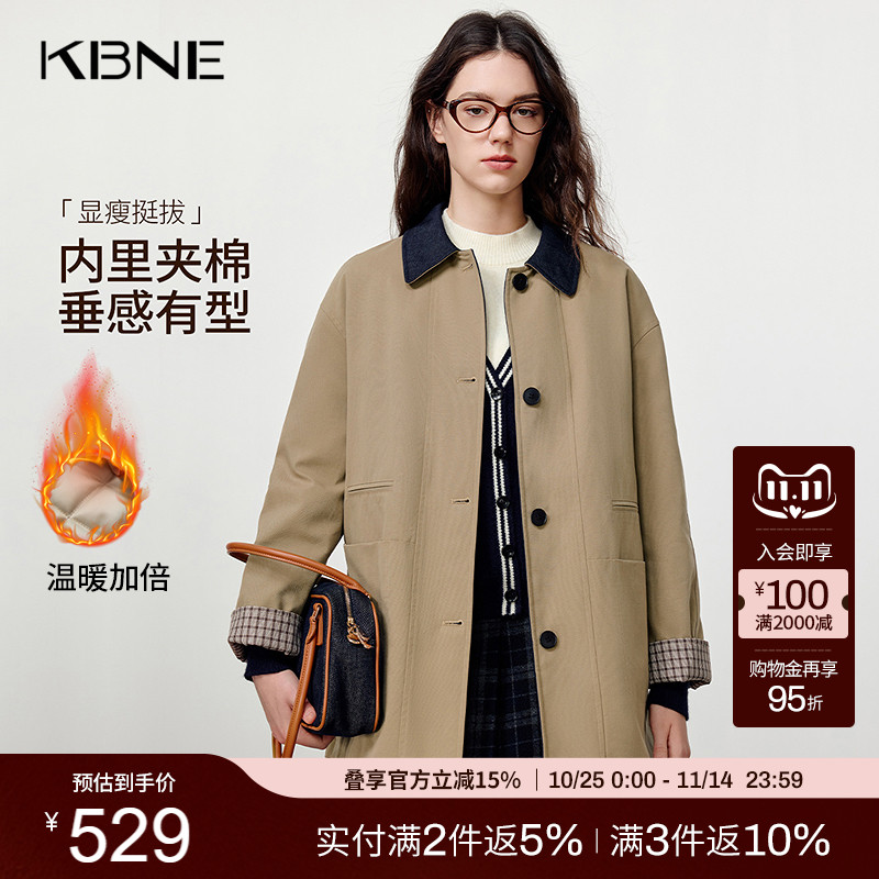 KBNE宽松中长款卡其色棉服女2025冬季新款高级感休闲棉衣夹棉外套