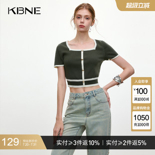 新款 KBNE短袖 方领羊毛上衣2025年夏季 针织衫 小个子上衣 女绿色法式