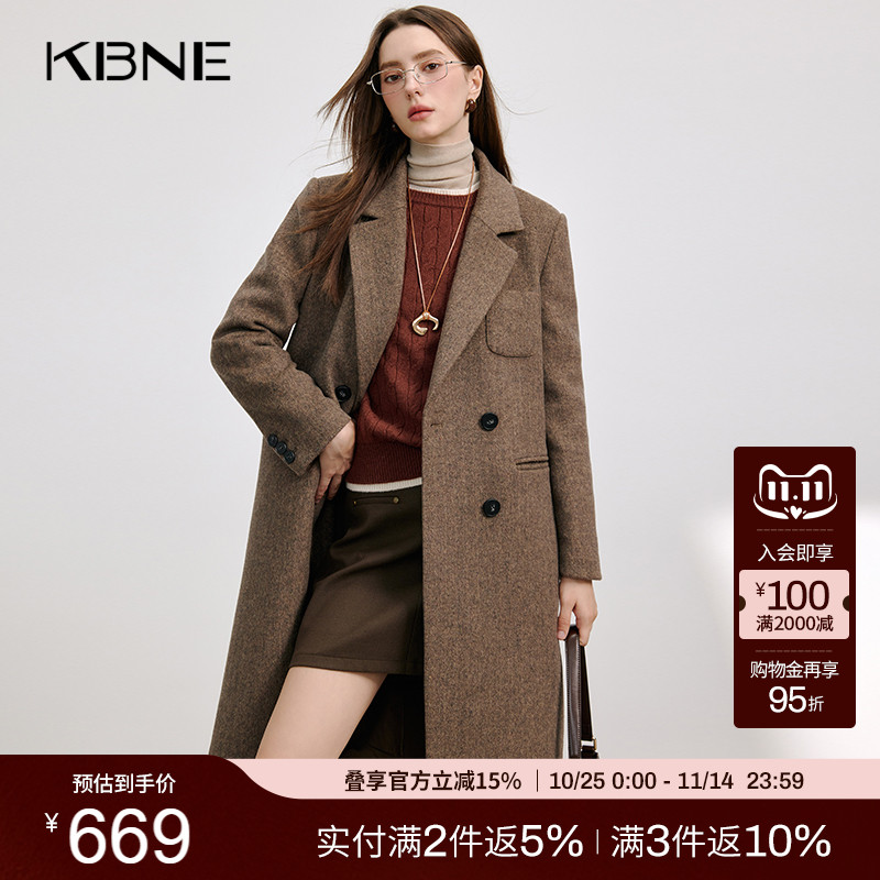 KBNE咖色毛呢外套长款羊毛呢子大衣2025新款上衣气质小个子秋冬女