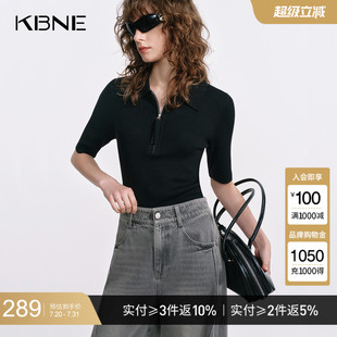 黑色上衣气质打底衫 polo羊毛短袖 新款 半拉链针织衫 女kbne2025秋季