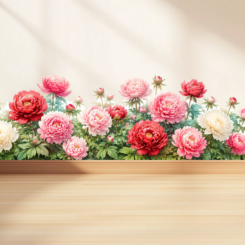 牡丹花踢脚线贴纸横版腰线墙角贴花开富贵自粘贴画客厅防水遮丑贴