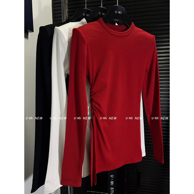 设计感不规则加绒加厚圆领长袖T恤女秋冬新款修身显瘦打底衫上衣