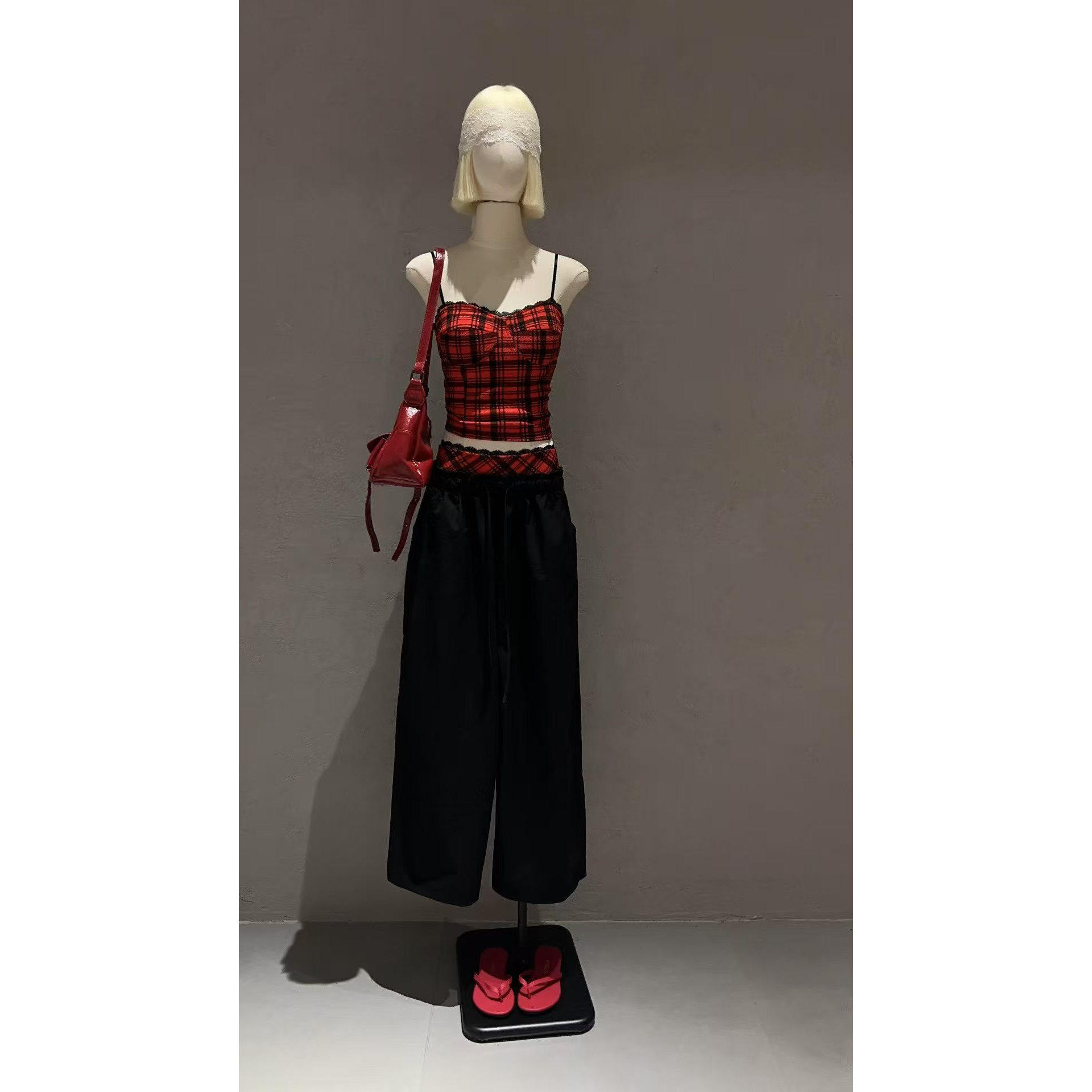chic甜辣裙套装美式时尚格子吊带抹胸上衣+阔腿裤两件套夏装新款