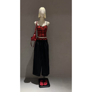 chic甜辣裙套装美式时尚格子吊带抹胸上衣+阔腿裤两件套夏装新款
