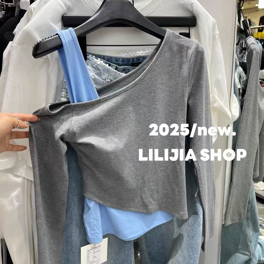 2025春季新款时尚百搭假两件撞色露肩T恤女不规则长袖上衣