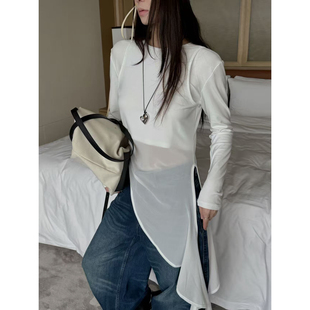 不对称飘带设计中长款 韩版 T恤修身 新款 显瘦上衣202春季 时尚