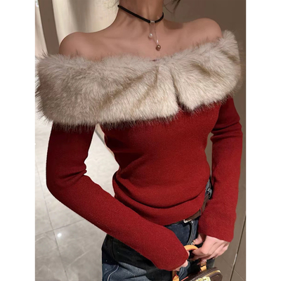 红色毛毛领一字肩T恤长袖修身露肩抹胸辣妹上衣2025秋冬新款