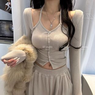 韩国东大门2025冬季女装新品纯色系扣长袖T恤女潮