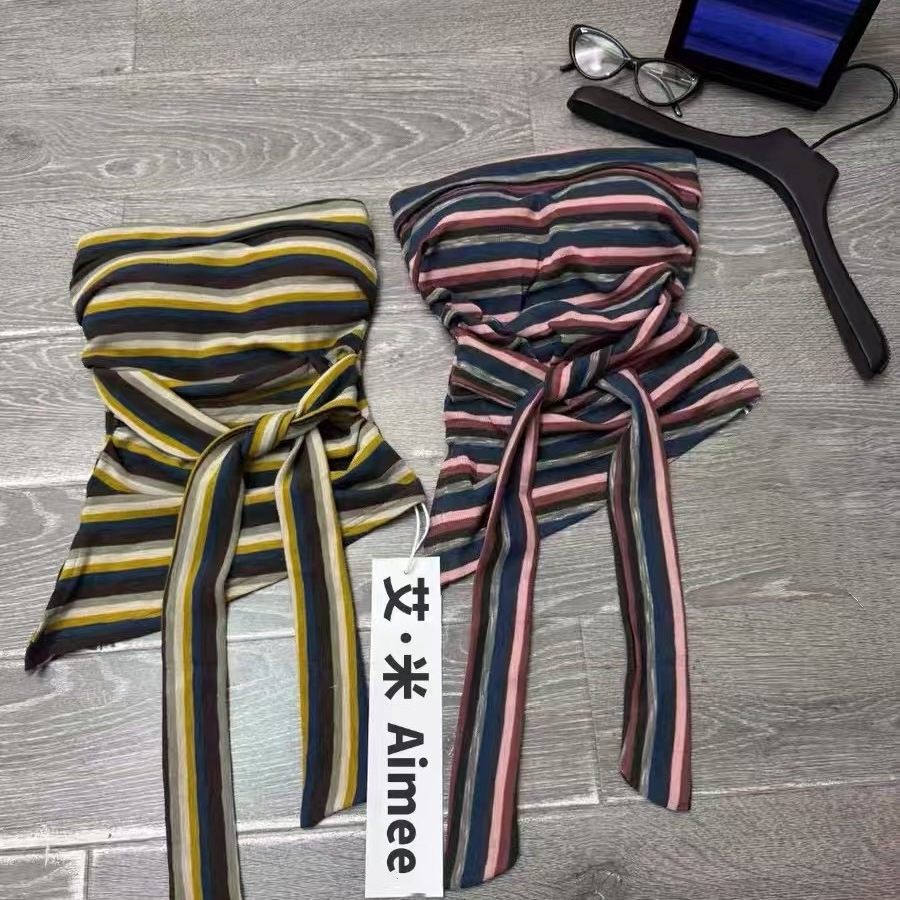 性感辣妹风撞色条纹绑带抹胸背心女夏季新款修身显瘦无袖裹胸上衣