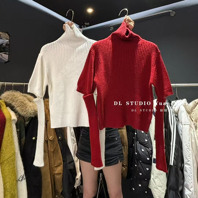 2025冬季新款高领纯色短袖羊毛毛衣带袖套时髦针织衫女两件套