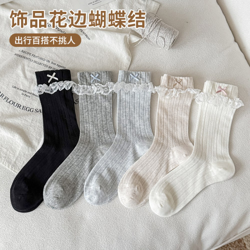 春夏女款蝴蝶结蕾丝中筒袜lo甜美