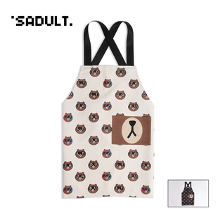 可爱卡通恶搞熊厨房做饭围裙棉麻防污无袖背心式奶茶咖啡店工作服