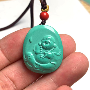 绿松石吊坠项链坠子弥勒佛天然原矿绿松笑佛挂件文玩佛牌绿色现货