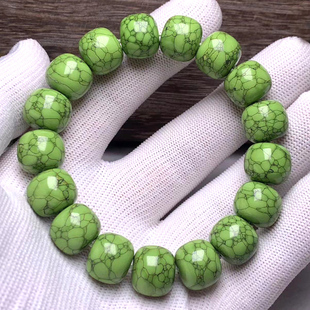 精品绿松石手串特色菜籽黄绿色老型单圈桶珠串天然高瓷8mm12mm