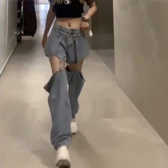 牛仔长裤女直筒宽松高腰显瘦裤子春秋新款嘻哈设计感可拆卸短裤潮,女装/女士精品,牛仔裤,淘宝优惠券,粉丝福利购,淘宝优惠卷