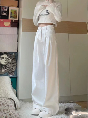 大码白色宽松阔腿牛仔裤女夏季小众高腰显瘦垂感长裤直筒拖地裤子